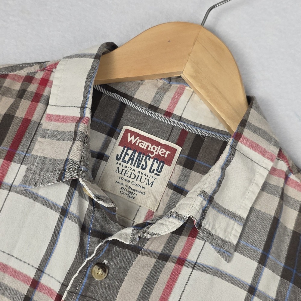 Wrangler Men's Plaid Shirt M Brown Red Button Down 100% Cotton Western Thin